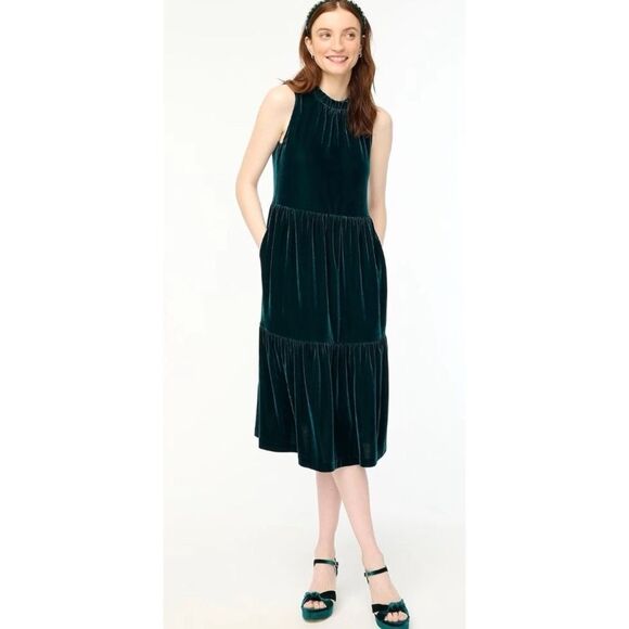 Women’s J. Crew Old Forest Green Velvet Sleeveless Midi Dress Size 4 / NWOT - Picture 2 of 8